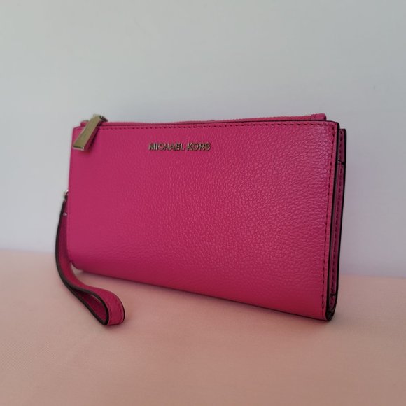 MICHAEL KORS Jet Set Double Zip Pebbled Leather Wristlet- Cerise 🎈$114.⭐ - Picture 5 of 16